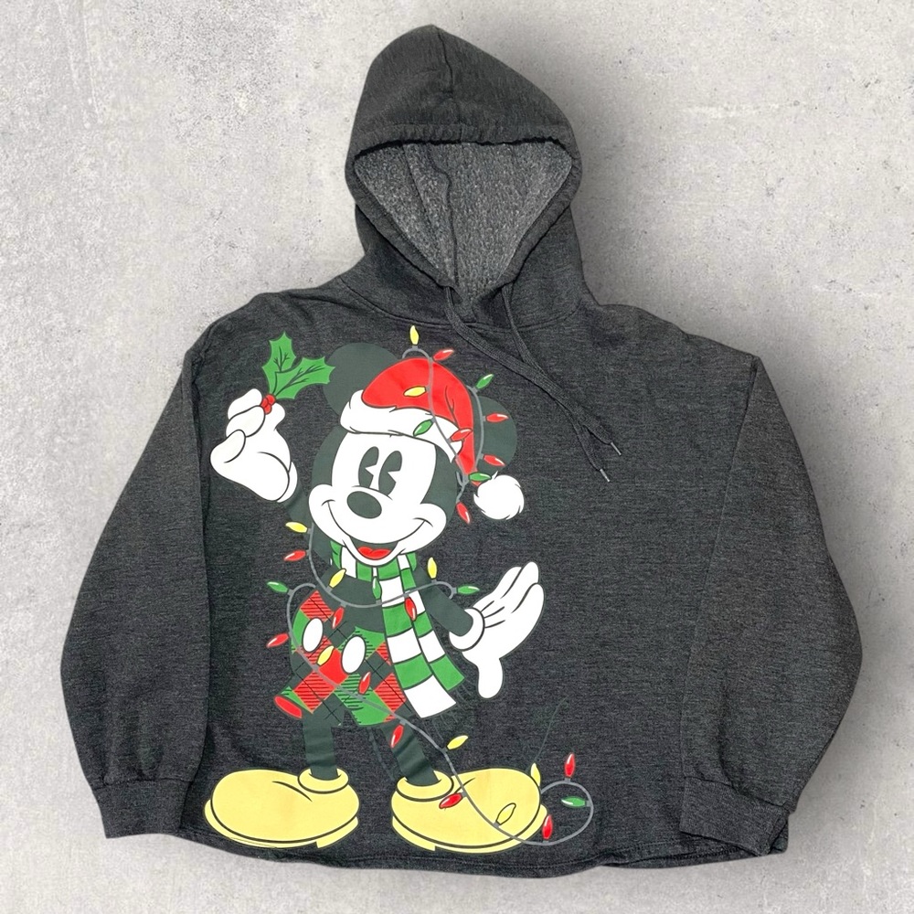 Disney Mickey Mouse Holiday Pullover Fleece Hoodie Gray Christmas JJ4662 Mens M